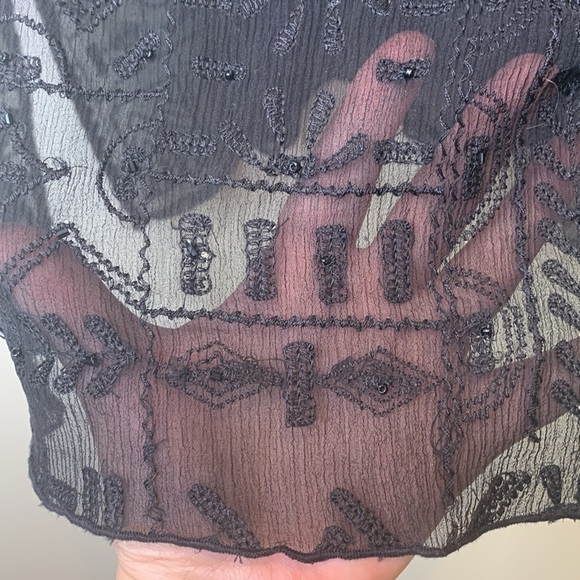 Chico’s | Black Silk Beaded Sheer Bell Sleeve Textured Embroidered Tunic Top 2 M - Picture 16 of 17